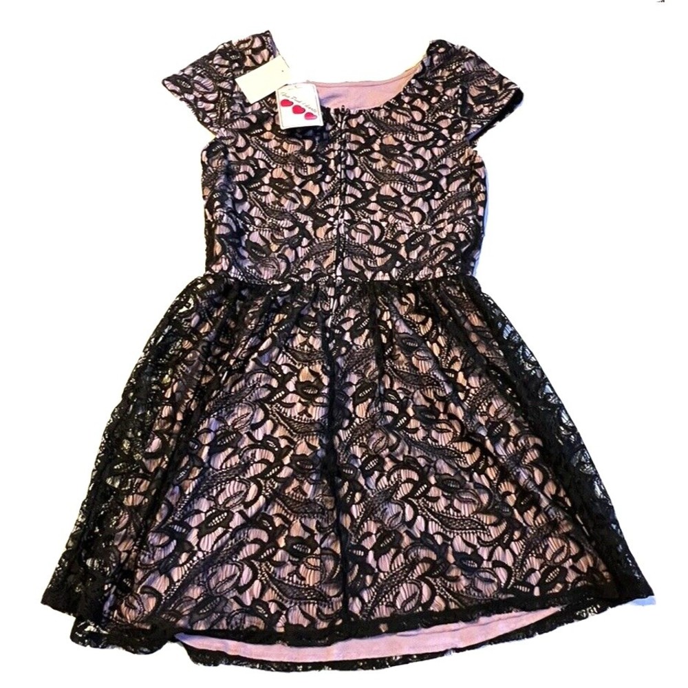 Three Pink Hearts Purple & Black Floral Lace Cap Sleeve Dress Junior's Size 9